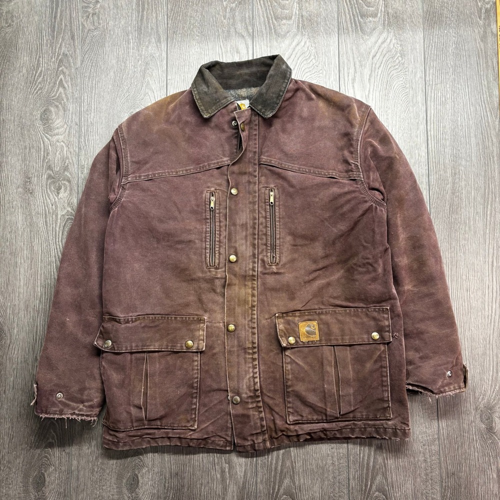 Vintage Carhartt XL Blanket Lined Chore Coat Burgundy Duck Canvas Jacket XL